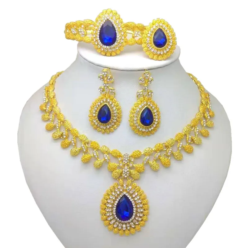 Kingdom Ma Wholesale African Fashion Bridal Accessories Nigerian Wedding Jewelry Brand Dubai Gold-Color Crystal Jewelry Sets