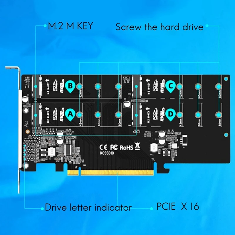 MAIWO KCSSD10 PCIE X16 Adapter Card M.2 NVMe Protocol 4 port MKEY SSD Solid-State Drive Array Cooling Adapter Card