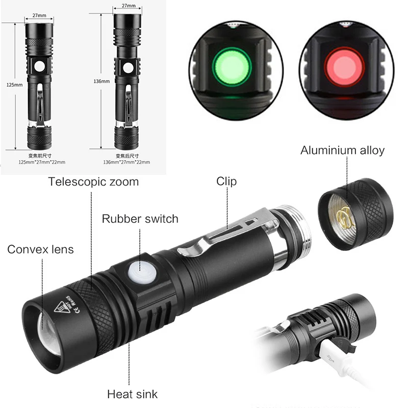 Ultra Bright LED Flashlight With XP-L V6 LED Lamp Beads Waterproof Torch Zoomable 4 lighting Modes Multi-function USB Charging