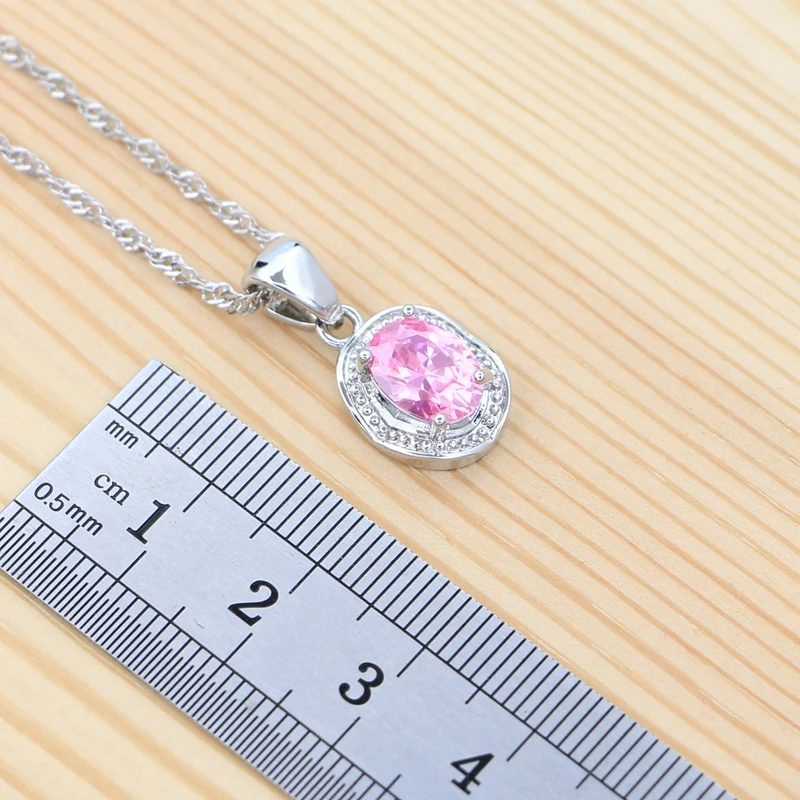 925 Sterling Silver Jewelry Set Pink Cubic Zirconia Egg-shaped Ring Earrings Pendant Chain Bracelet Sweet Jewelry for Women