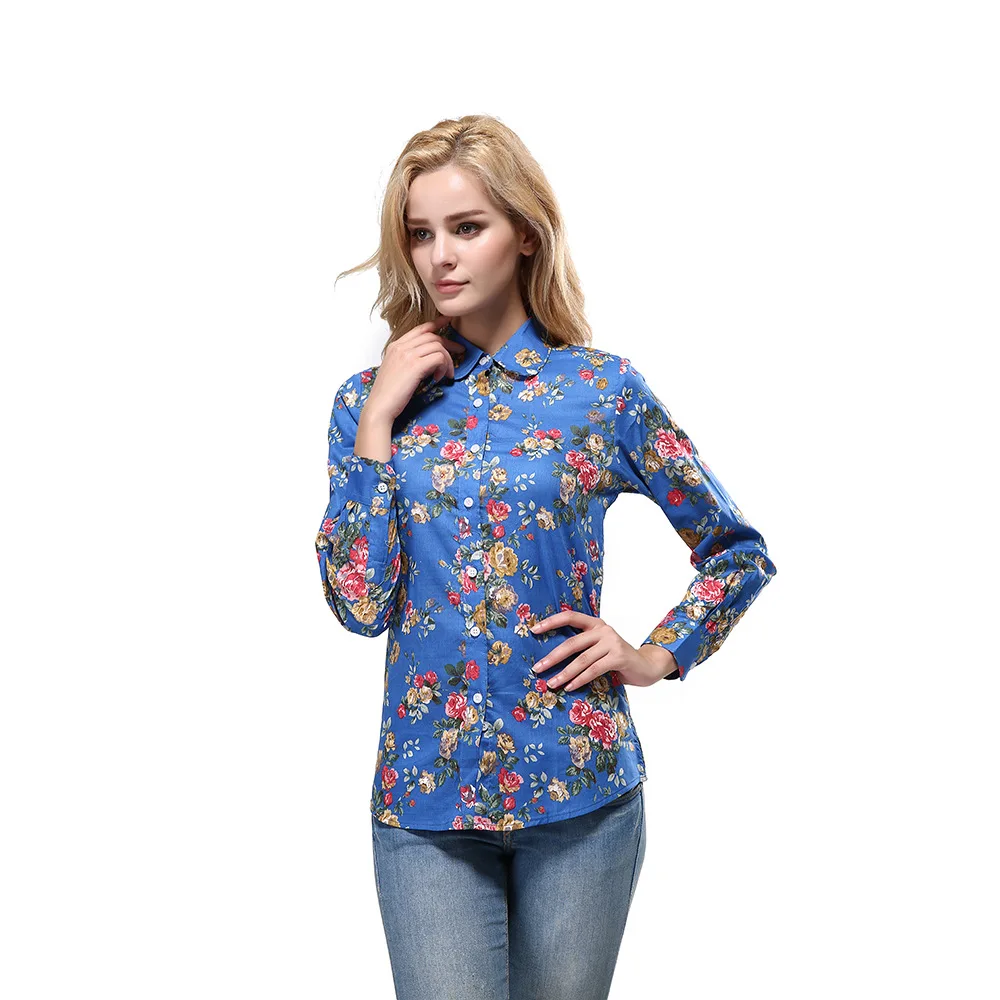 New Korean Style Flower Print Women's Shirts Cotton Long Sleeve Turn Down Collar Cardigan Shirt Casual Female Button Up Blouses