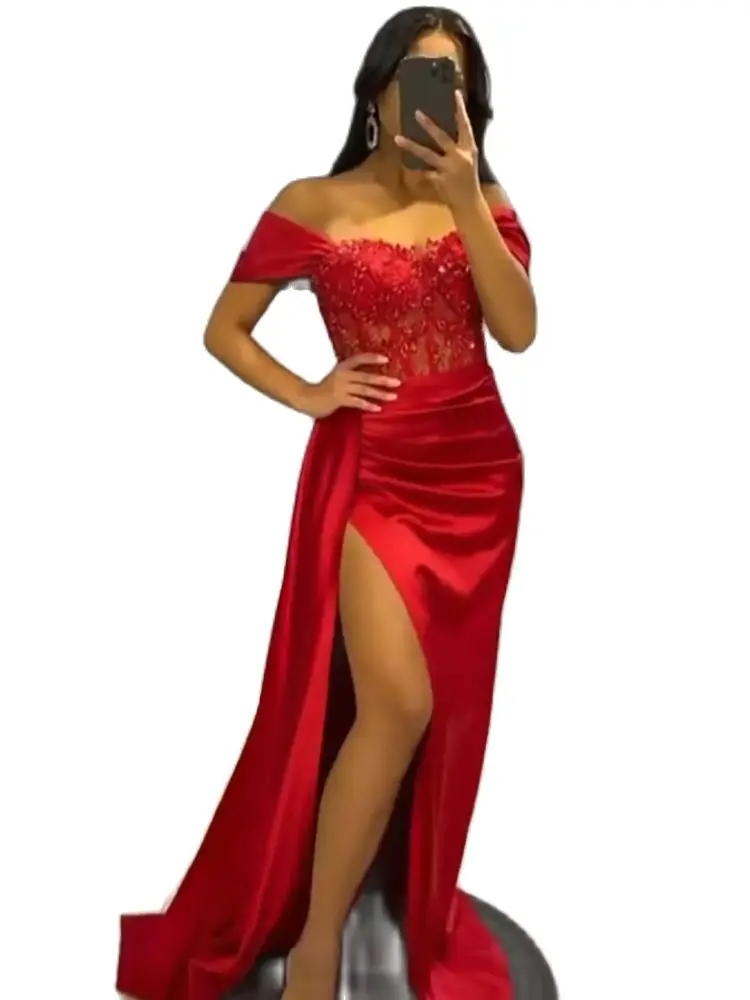 Luxury High Split Evening Dresses Gowns Satin Beaded Elegant Sexy Singer Stage Show Elagant Women Wedding Party Dress