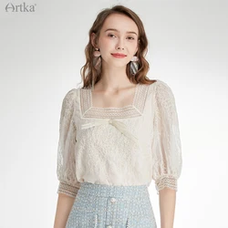 ARTKA 2021 Early Autumn New Women Blouse Elegant Lace Square Collar Bow Chiffon Shirts Half Puff Sleeve White Shirts SA22312X