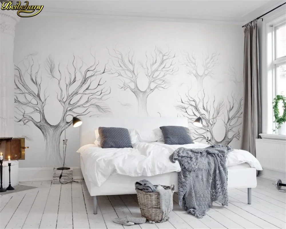 beibehang Custom 3d wallpaper mural Nordic minimalist black and white sketch forest abstract tree feather TV background wall