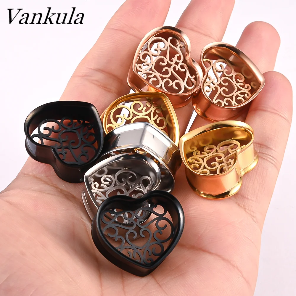 Vankula 2PCS Stainless Steel Heart Shape Ear Gauges Ear Tunnels Plugs Expander Piecing Body Jewelry