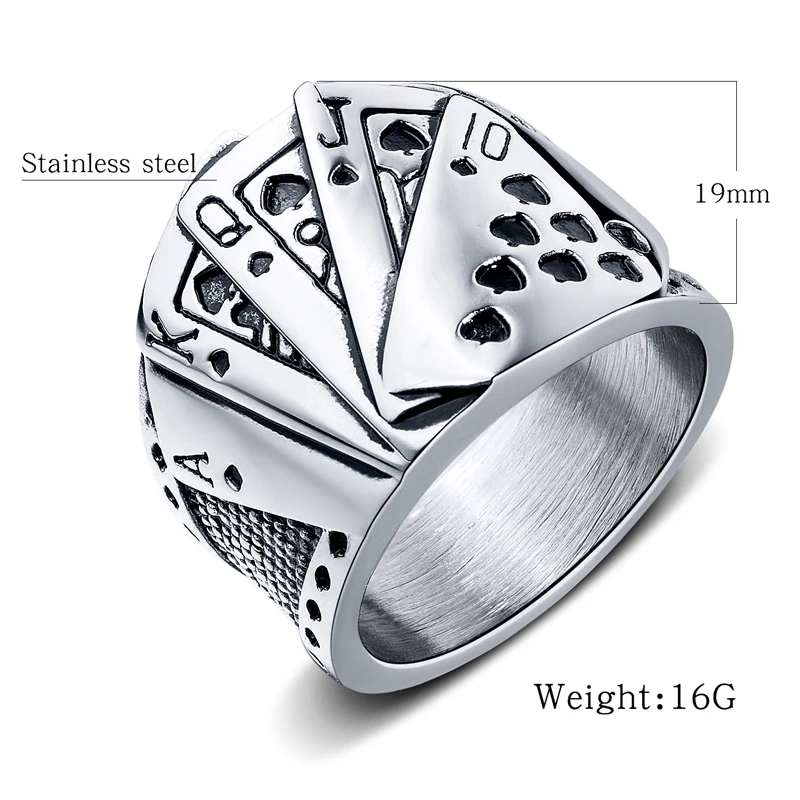 Stainless Steel Fortune Straight Flush Poker Finger Ring for Men Women God of Gambling Luck Signet Rings