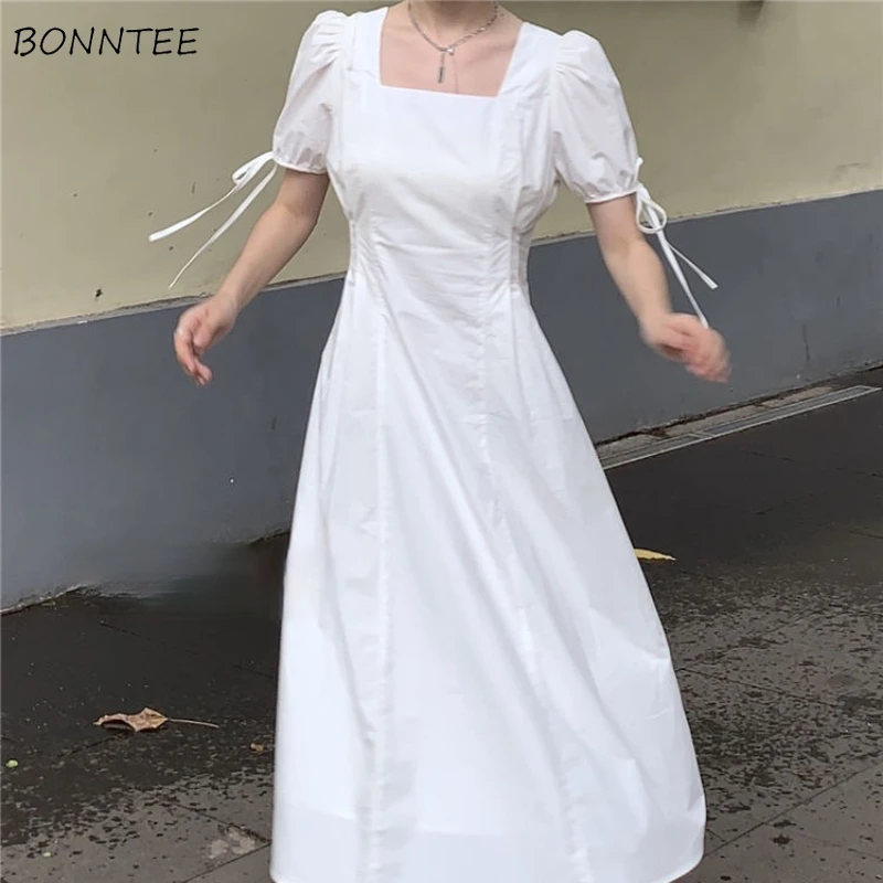 

Женское простое летнее платье до середины икры, элегантное однотонное белое платье с пышными рукавами для колледжа, универсальный мешковатый уютный наряд в стиле ампир, Новинка