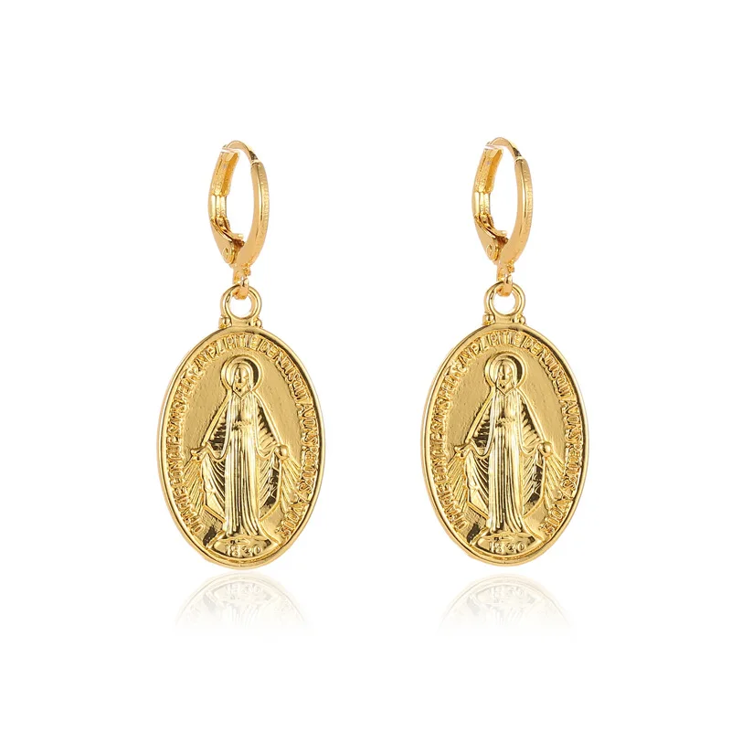 

Gold Color Virgin Mary Charm Earrings for Women Geometric Oval Round Earrings Hanging the Madonna Lucky Earrings Jewelry