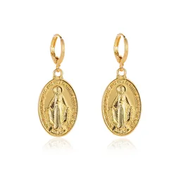 Gold Color Virgin Mary Charm Earrings for Women Geometric Oval Round Earrings Hanging the Madonna Lucky Earrings Jewelry