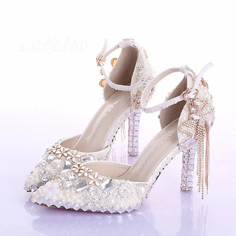 Luxury Ladies Tassel Crystal Sandals Women‘s ’Wedding Shoes Banquet Dress High Heels Pointed Toe Thin Heels Pumps Ivory Pearl