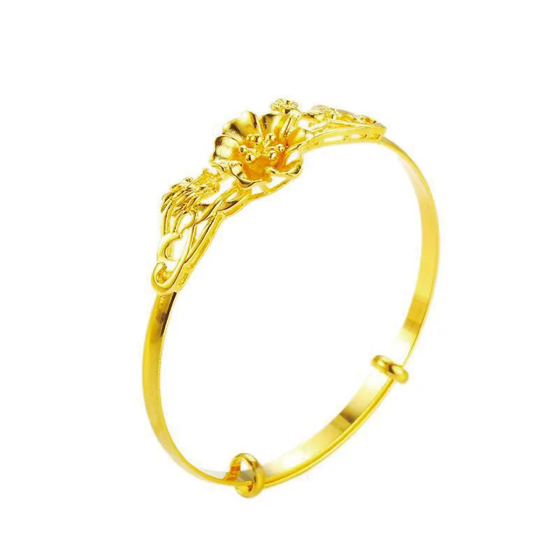 MxGxFam Push and pull Flower Bangles Bracelets for Women Adjusted Bridal Wedding Jewelry 24 k Pure Gold Plated Classical  Style