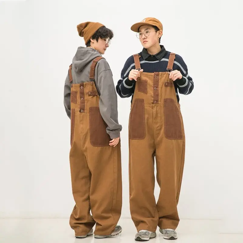 Orange Brown Matching Suspender Pants Two-Sided Wear Couple Loose Straight Cargo Pants Japanese Artistic Retro Style Women Pants