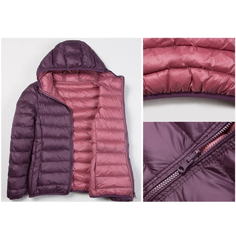 Double Side Reversible Autumn Winter Women Ultra Light White Duck Down Coat Female Hooded Down Jacket Windproof Puffer Outwear