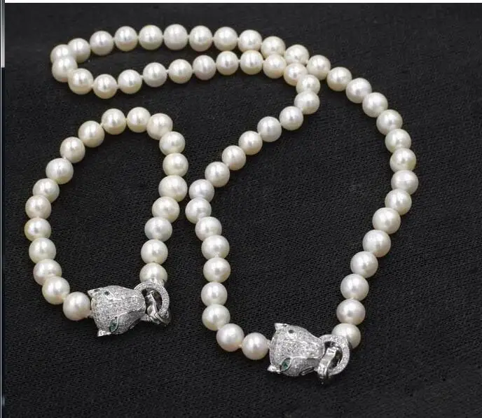 Zircon Leopard head clasp accessory 8-9mm white freshwater pearl necklace bracelet set for women jewelry