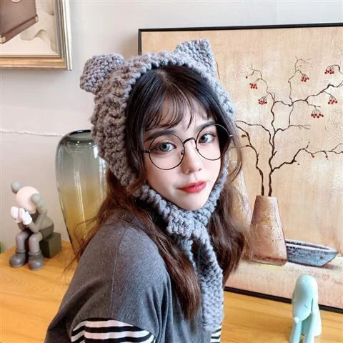 Winter  Women Cat Ear Hat Crochet Knitted Hat Costume Hats Cap  Gift  Anime Hat Photography Prop Girl Party Gray