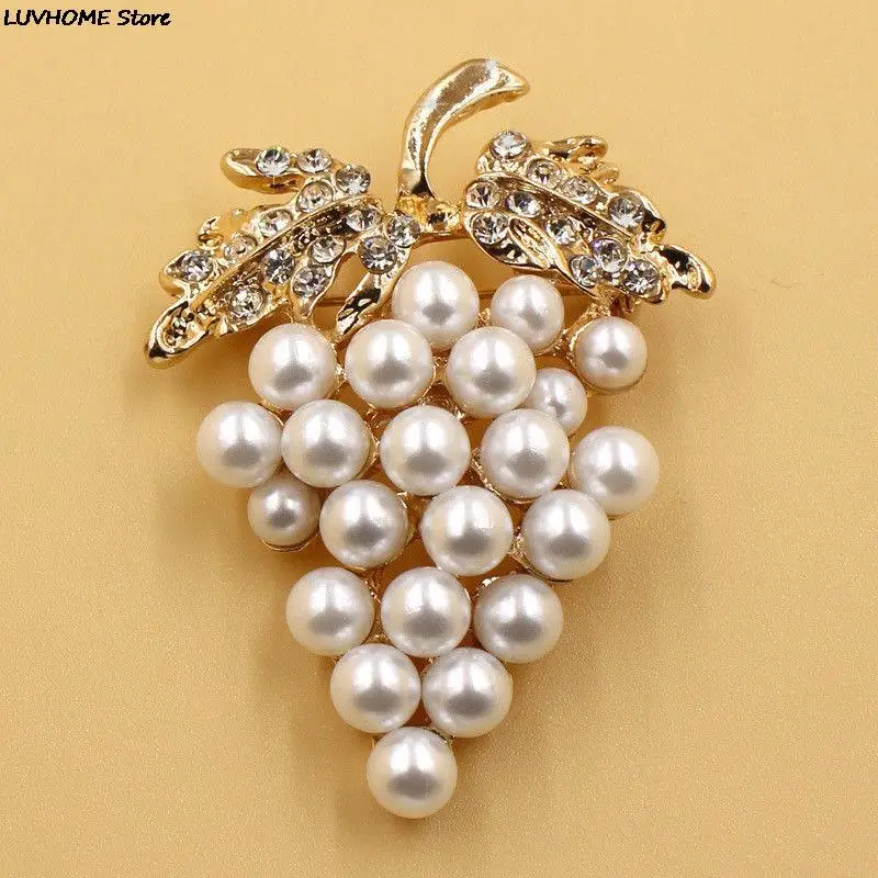 Grapes Brooches Scarf Buckle Pins Gold-color Imitation Pearl Brooch Rhinestone For Wedding Bridal Dresses Clip