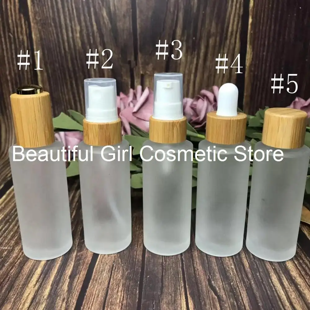 

100pcs cosmetic packaging lotion frosted glass serum 30ml perfume spray bottle with bamboo black pump cap bamboo pipette bottle