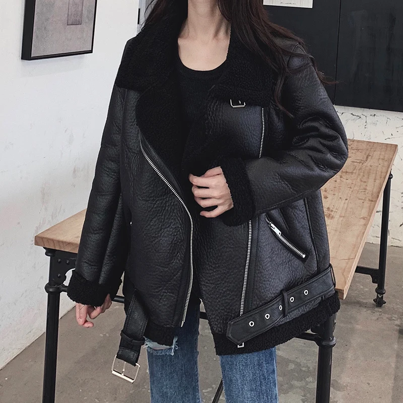 New Women Lamb Fur Faux Leather Jacket Coat Turn Down Collar Winter Thick Warm Oversized Zipper With Belt Outerwear