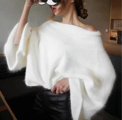 2022 Sexy Off Shoulder Knitted Sweater Women Solid Loose Flare Sleeve Pullover Jumpers Female Mink Cashmere Sweater poncho