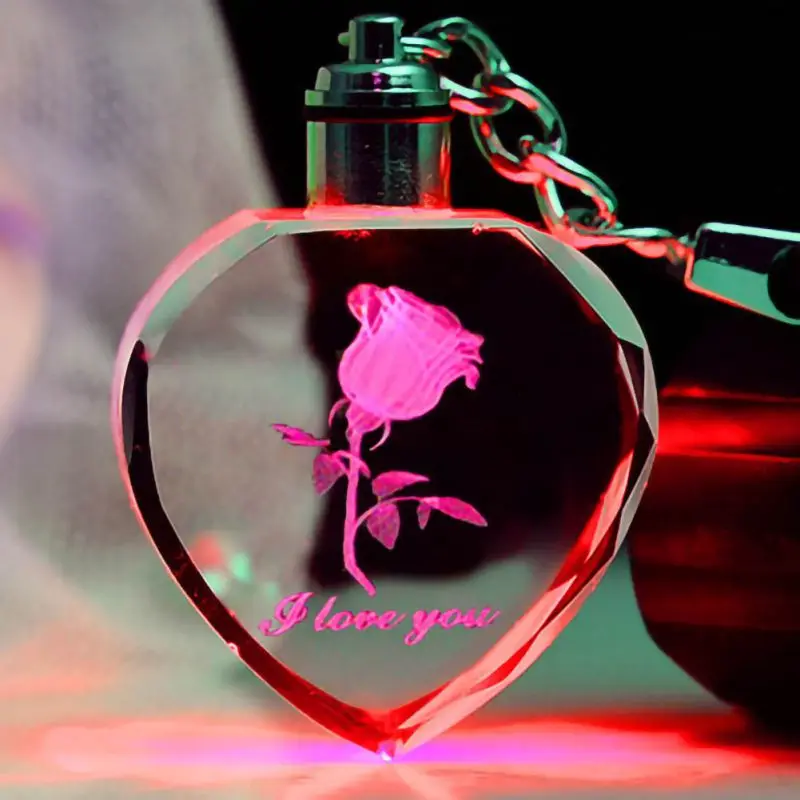 Rose Flower LED Light Keychain Luminous Fairy Crystal Keychains Colorful Rose Heart Key Chains Rings For Valentine's Day Gift