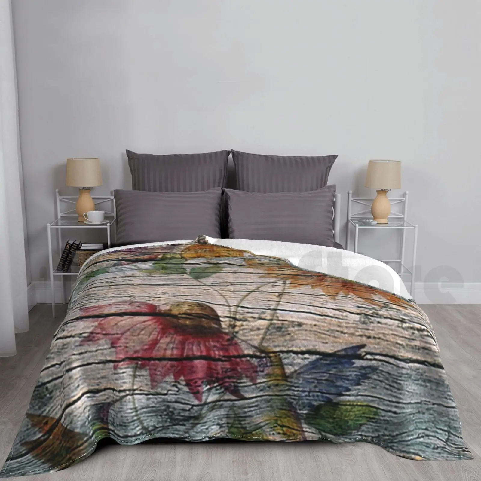 Warehouse Wood Hummingbird Floral Blanket Fashion Custom Weathered Wood Barn Wood Warehouse Wood