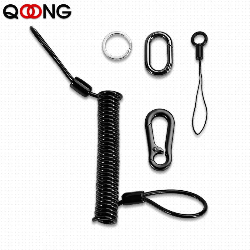 QOONG 110cm Anti-lost Phone Spring Keychain Steel Wire Spring Rope Key Chain Key Ring Metal Carabiner For Outdoor Camping H33