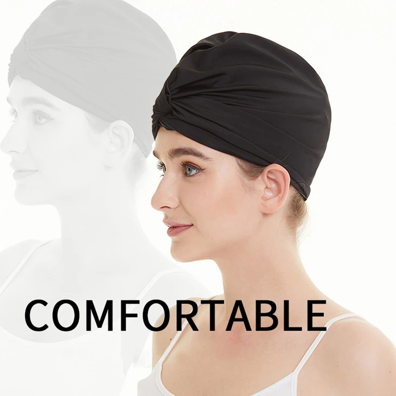 Women Fabric Swimming Cap Water Sports Swim Pool Long Hair Female High Elastic Bathing Caps Hat Dual Layer Stretchy Nylon Turban