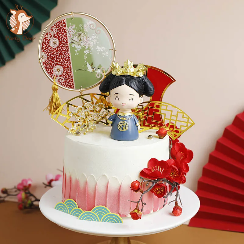 Chinese style birthday King Queen Acrylic Cake Topper Cartoon Girls Boy Happy Birthday Cake Topper For Kids Birthday Party Gifts