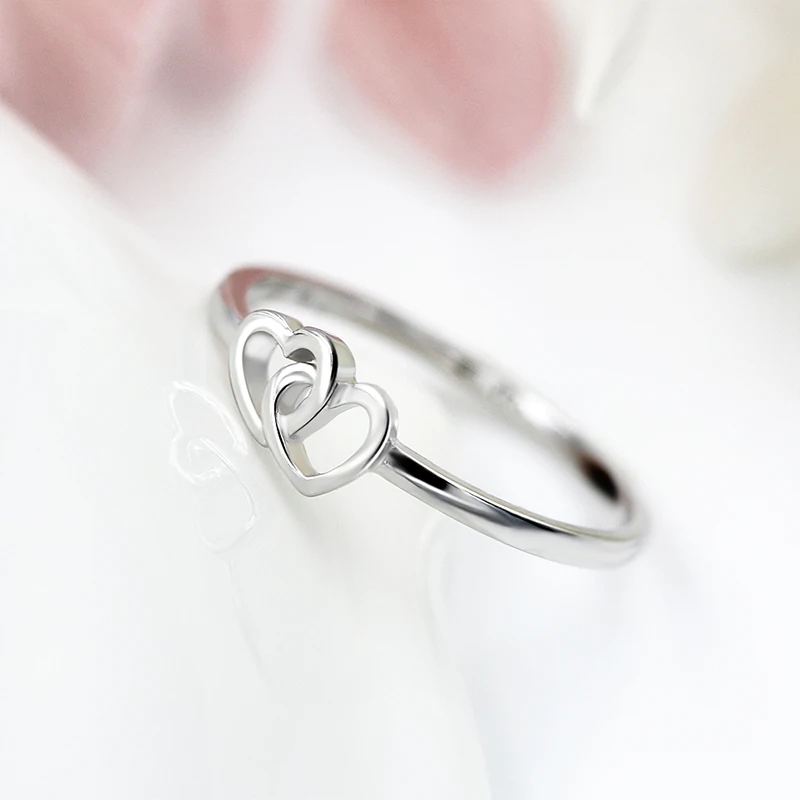 CLUCI Silver 925 Romantic Double Heart Anniversary Ring Simple Design Women Engagement Ring Gift Jewelry DR1004SB