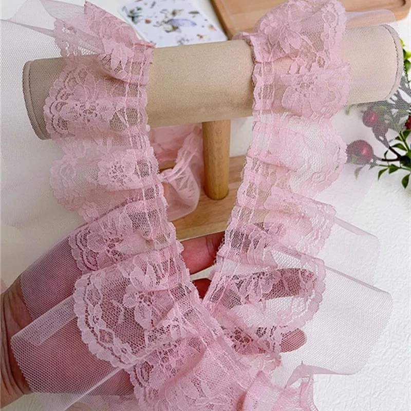 Double-layer Dark Pink Pleated Fashion Clothing Lace Fabric DIY Skirt Cuffs Collar Fluffy Sewing Accessories Curtain Decoration