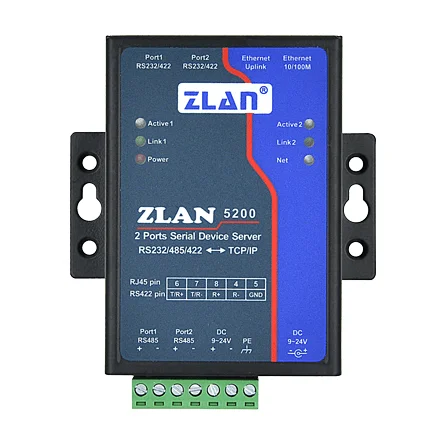 

2 Ports Serial Device Server ZLAN5200 is a 2 ports protocol converter between RS232/485/422 and TCP/IP.