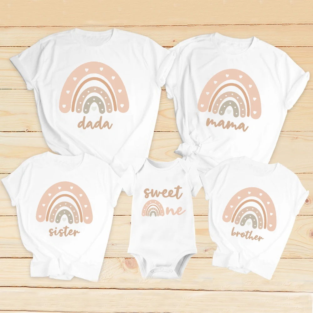 Rainbow Birthday Family Matching Clothes Boys Girls Cute Short Sleeve T Shirts Daddy Mommy Baby Rompers Holiday Party Outfits