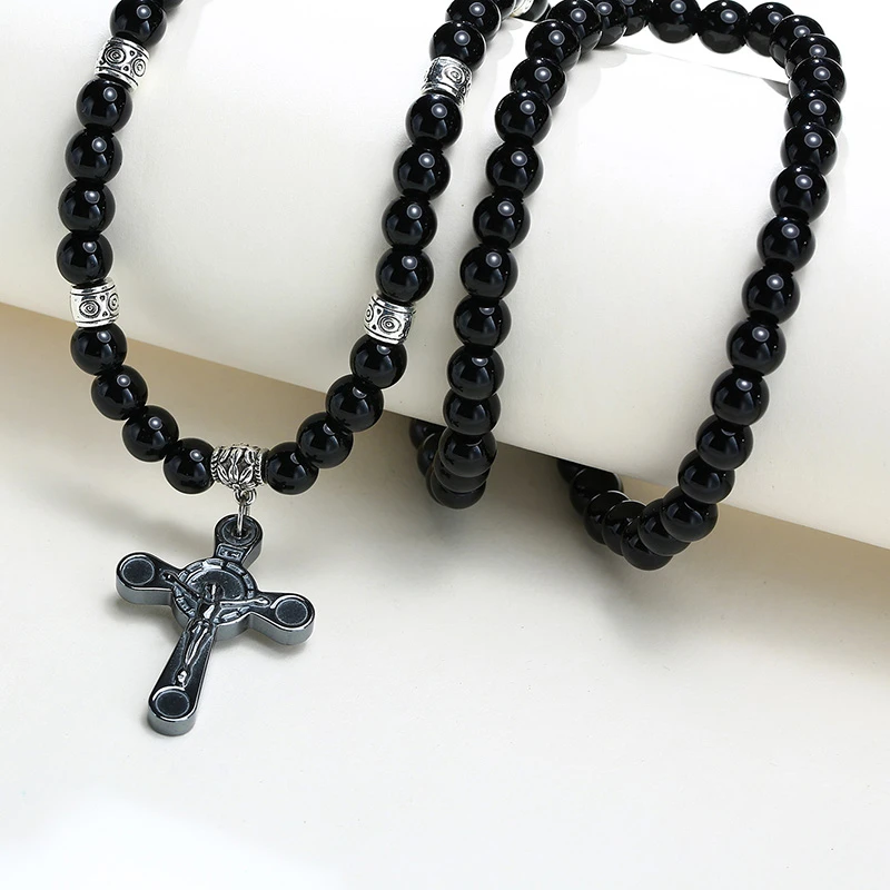 Hematite JESUS Cross Pendant Necklace Carnelian Stone Beads Chain Necklaces Women Men's Gift Catholic Religious Jewelry