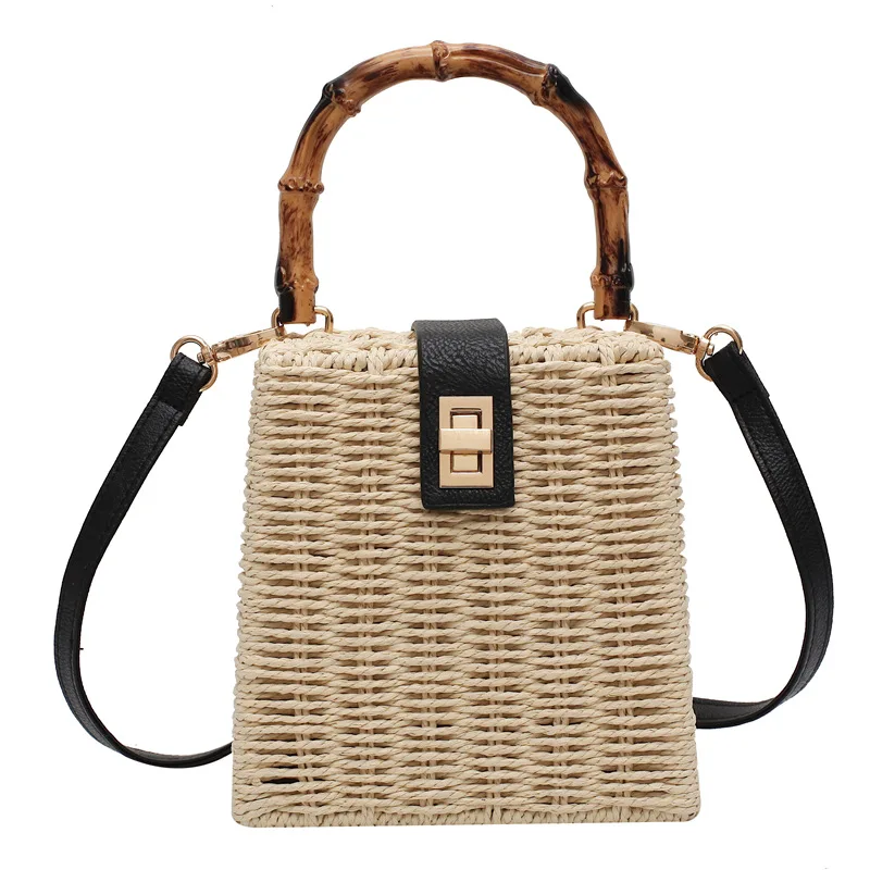 Square Rattan Bag Women\'s Handbag Handmade Beach Straw Bag Female Shoulder Messenger Bags Weaving Wood Tote Crossbody Bag 2020