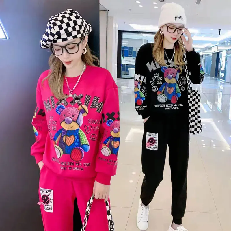 Winter Diamond Cartoon Bear Thicker Tracksuit Women Two Piece Sets,Sweatshirt and Elastic Waist Pants,Rose Red,Black Sportwear