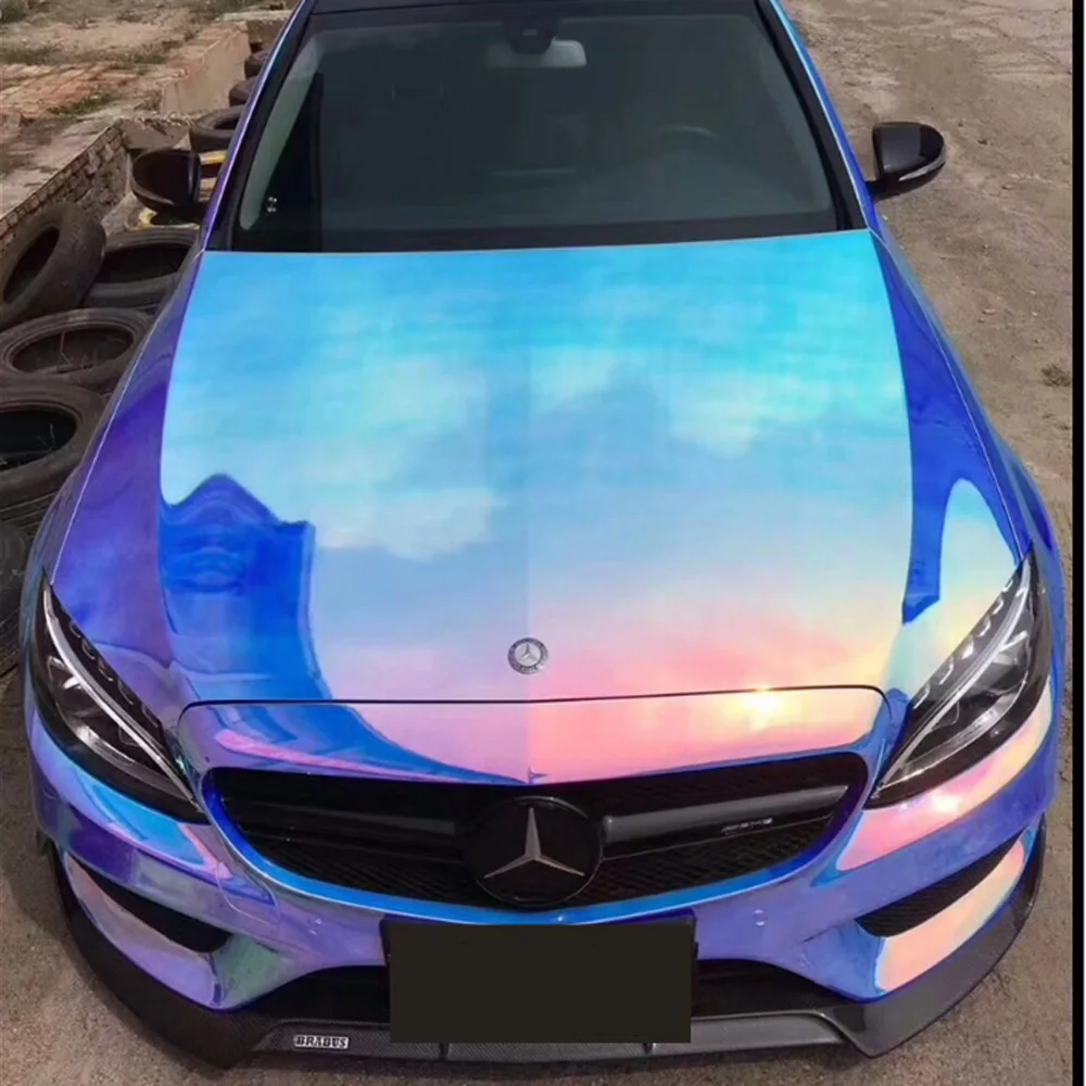 AuMoHall 1.35Mx18M Holographic Rainbow Chrome Blue Glossy Car Whole Body Film Color Change Vinyl Wrap Decals Sticker Roll