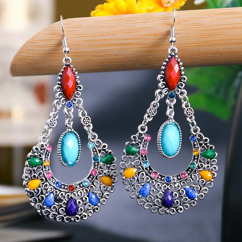 Ethnic Boho Women Drop Dangle Earrings Geometric Carved Hollow Bead Crystal Antique Silver Gold Color Bohemian Wedding Earrings