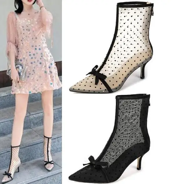 Girls Polka Dot Black Nude Transparent Mesh 7 cm Stiletto Heels Pointed Toe Bow Ties Short Boots Fashion Low Heels Boots Lady