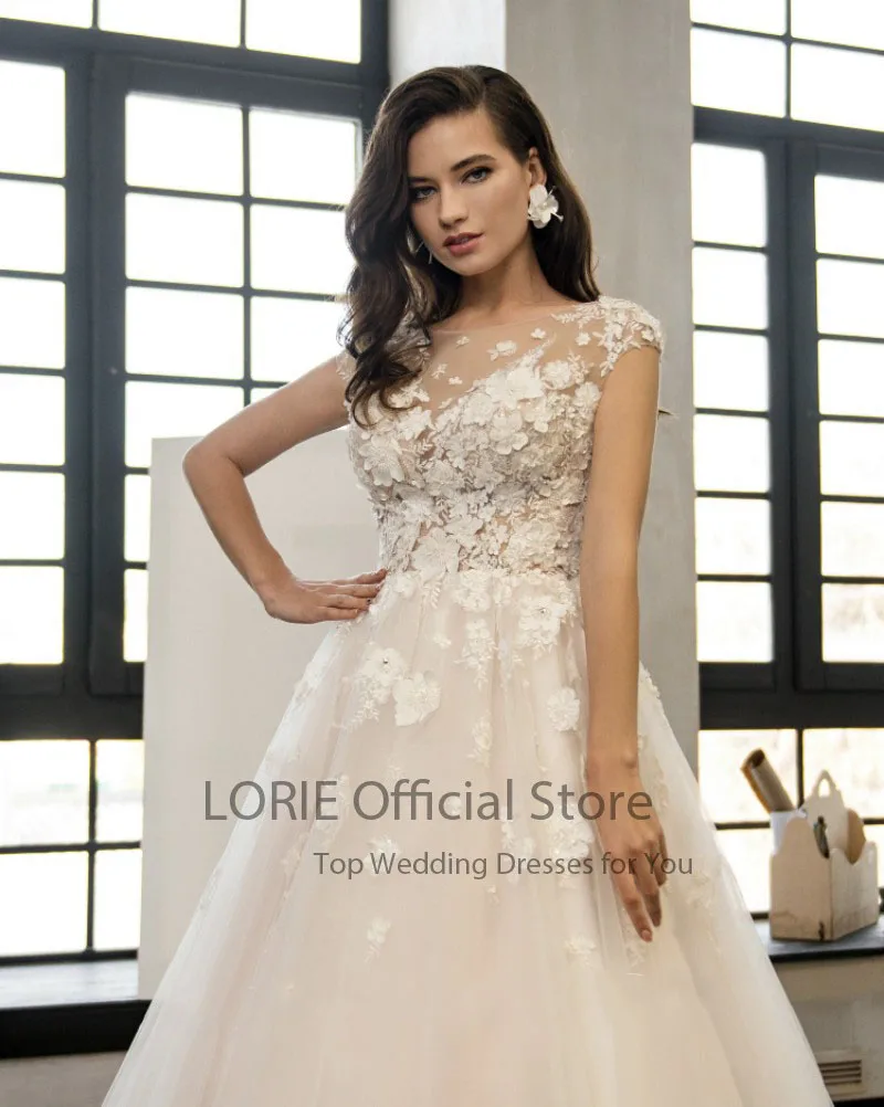 LORIE Elegant Wedding O-Neck Appliques Lace Cap Sleeves A-Line Wedding Dresses Boho Custom Made Princess Bridal Dresses