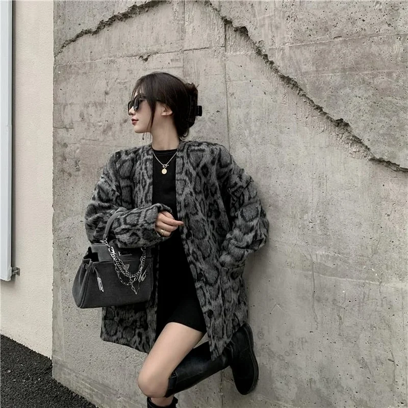 Leopard Wool Women All-match Fashion Blends Winter Outwear Harajuku Coats Korean Style Chic Loose Vintage Streetwear Elegant Ins