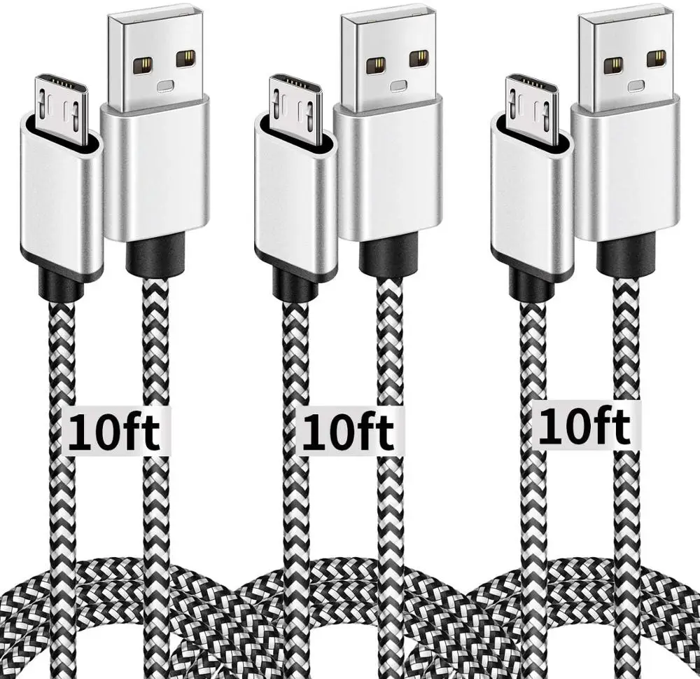 Micro USB Cable, 10ft 3 Pack Extra Long Charging Cord Nylon Braided High Speed Durable Fast Charging USB Charger Android Cable