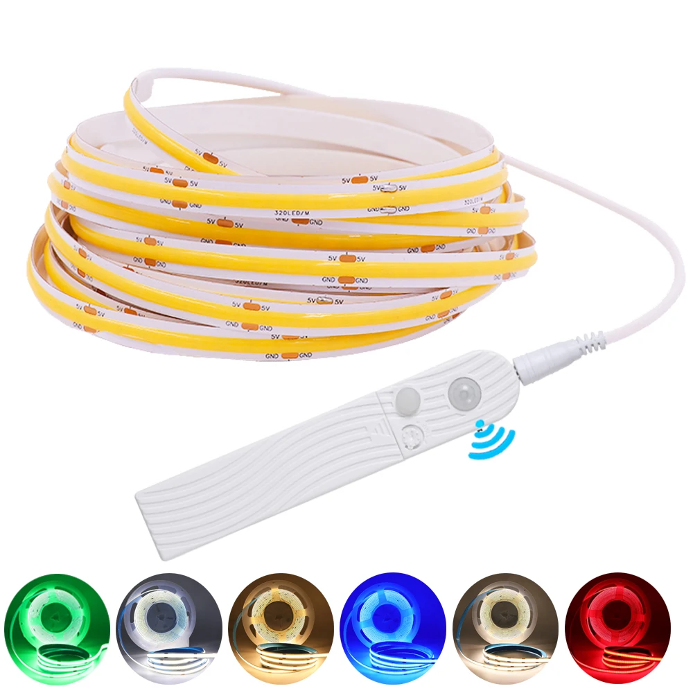 

PIR Motion Sensor COB LED Strip Light DC5V Battery Power FOB Lights High Density 320Leds Flexible LED Tape Ribbon Rope Light