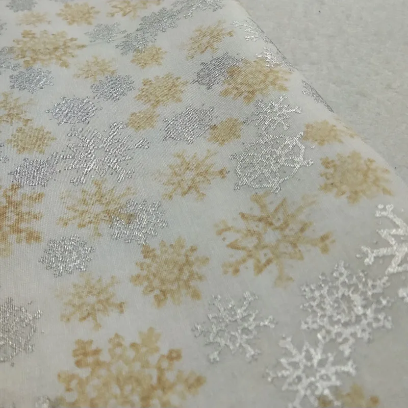 Bling Bling Silver Stamping Glittler Beige Christmas Snowflakes Printed Cotton Fabric 50x105cm X'mas Patchwork DIY Sewing Party