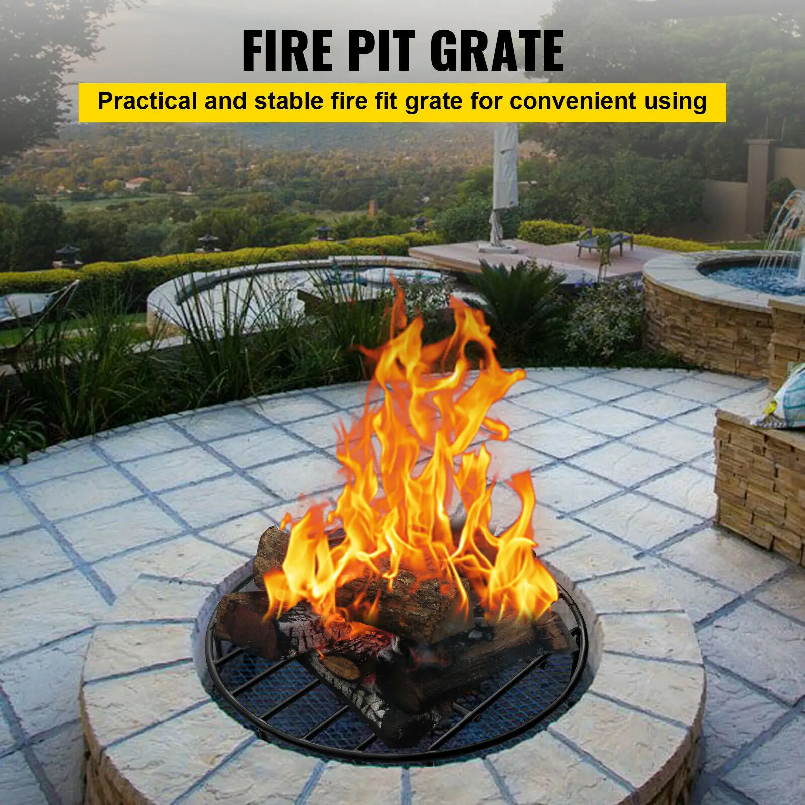 VEVOR Fire Pit Grate Round Firewood Q235 Steel Surface Paint for Built-in or Stand-alone Hole Heavy Load Bearing Use W/ Pot Pan