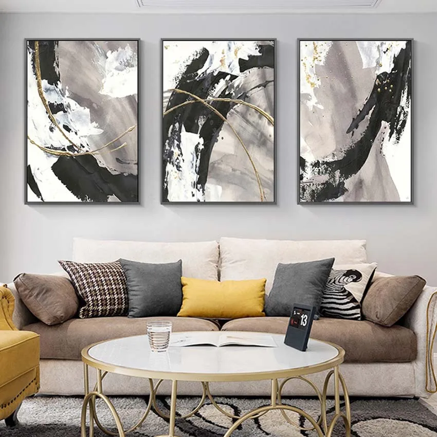 wholesale 3 pieces combination Handmade oil painting abstract texture black and white landscape wall decoartion for living room