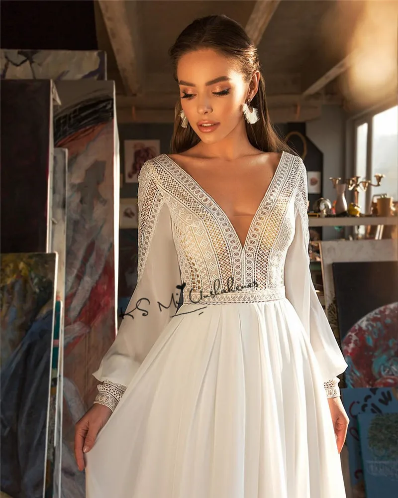 Thanh Lịch Boho Áo Váy Voan Áo Cưới Một Dòng Hở Lưng Đầm Cô Dâu Vintage Tay Phồng Đầm Vestido De Noiva 2021