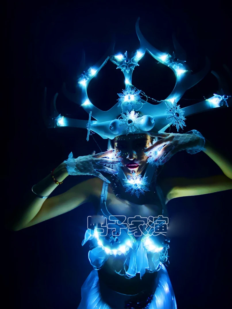 Led light Glowing White Snow Queen Bar Party Showcase Dress Tour Ds Costume lumious stage dance wear