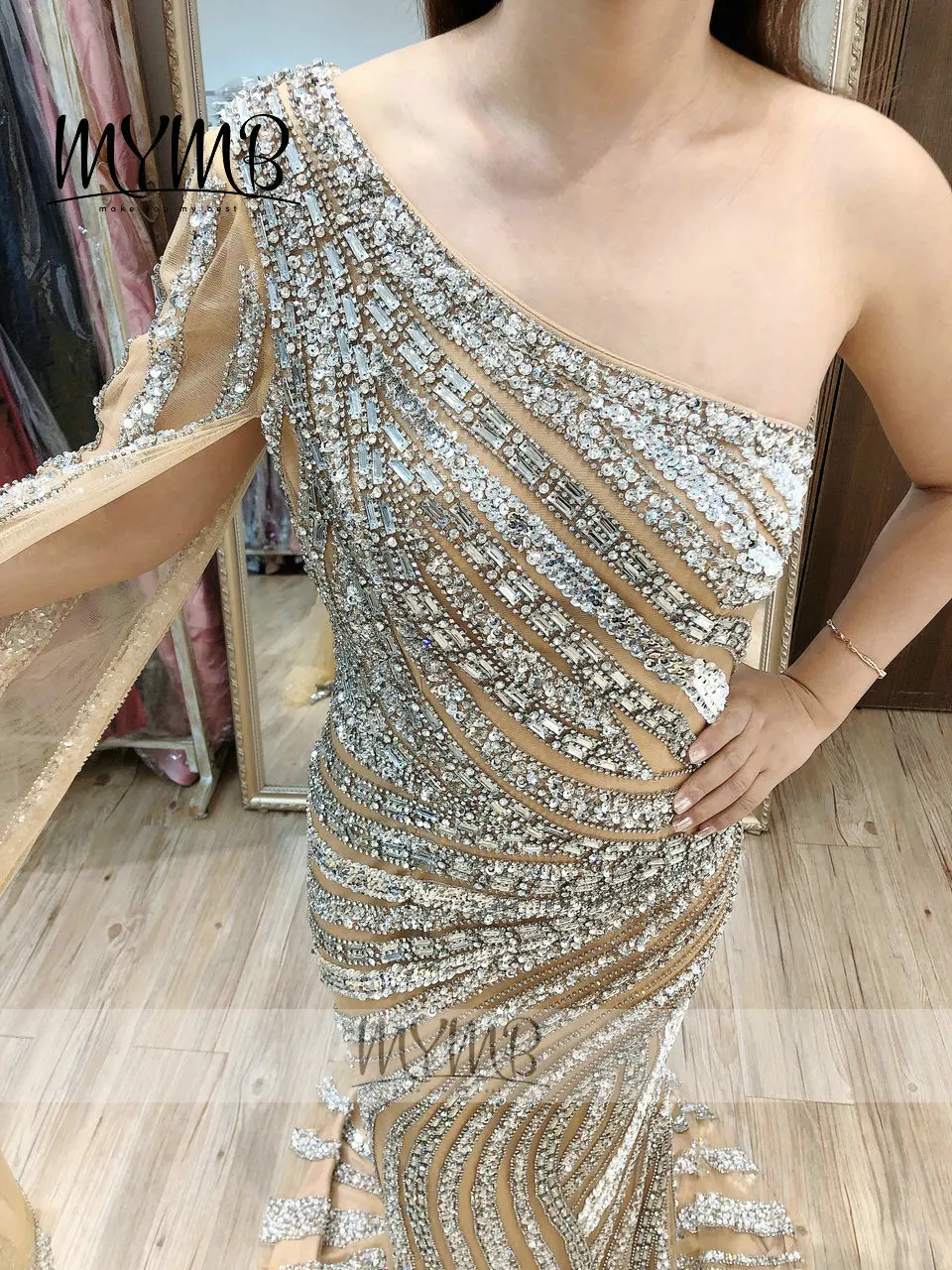 MYMB Exclusive Beading Couture Wedding Party Dress Luxury One Shoulder Mother Of Bride Dress Long Sleeve MY21129