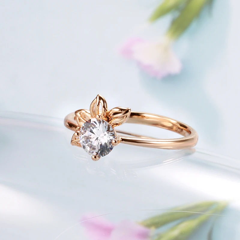 SYOUJYO Simple Crystal Flower Bride Wedding Women\'s Ring 585 Rose Gold Color Natural Zircon Easy Matching Romantic Gift For Girl