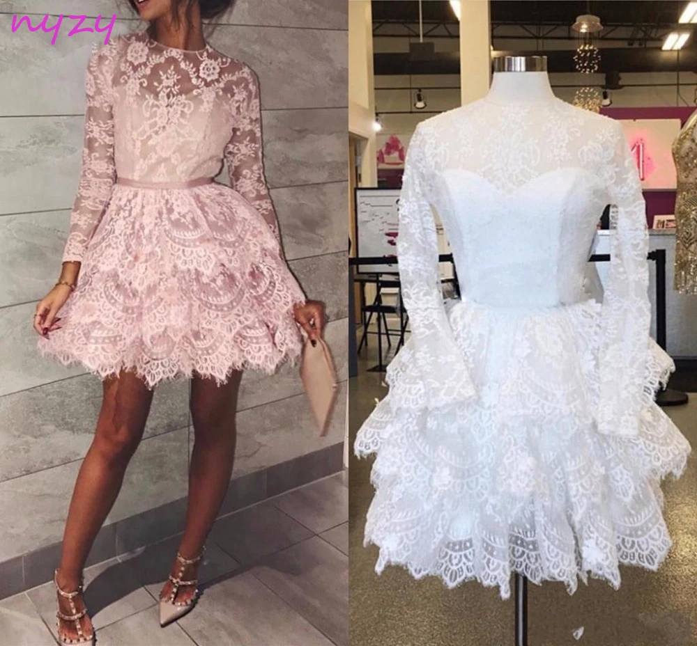 

P25 NYZY Puffy Long Sleeves Short Lace Prom Dresses 2021 Party Dress Cocktail Graduation Homecoming